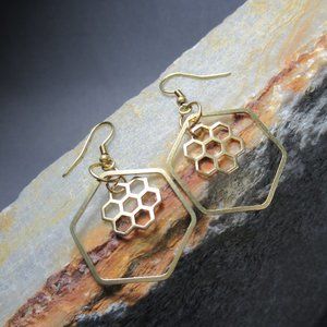 Honeycomb Earrings, Queen Bee Golden Brass